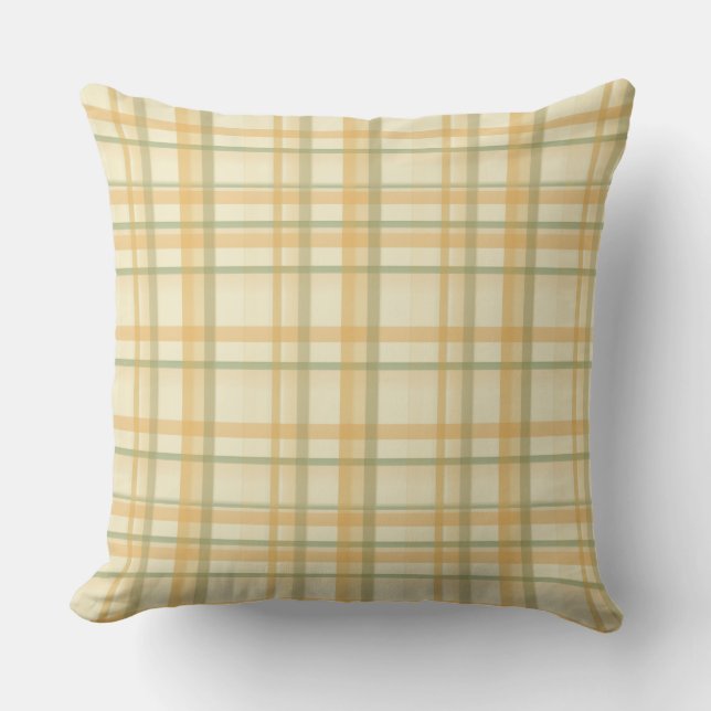 Peach Gold Sage Green Plaid Outdoor Pillow 20x20 (Front)