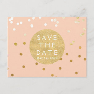 Peach & Gold Shiny Confetti Dots Save The Date Announcement Postcard