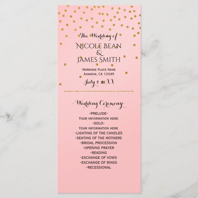 Peach & Gold Shiny Faux Foil Confetti Programme Ra (Devant)