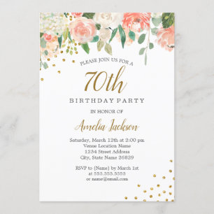 Peach Gold Watercolor Floral 70th Birthday Party Invitation