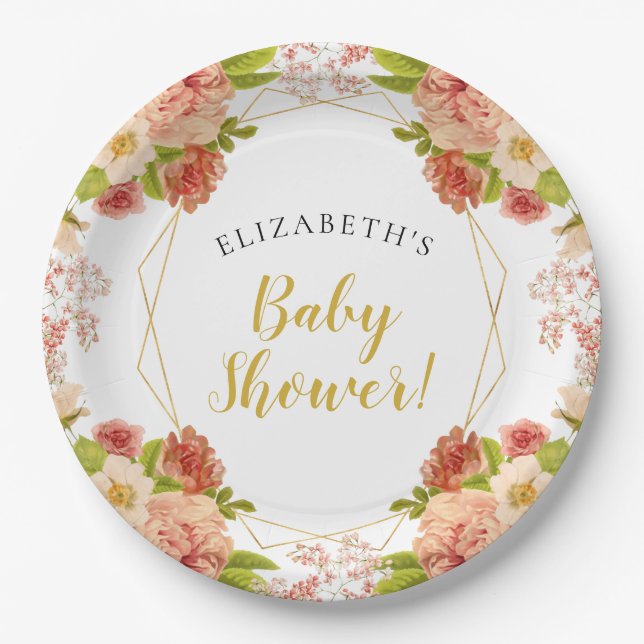 Peach Gold Watercolor Flowers Baby Shower Paper Plate (Front)