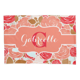 Peach & Gold Watercolor Roses Floral Monogram Pillowcase