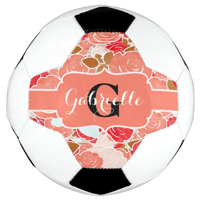Peach & Gold Watercolor Roses Floral Monogram Soccer Ball (Front)