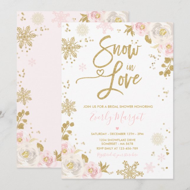 Peach & Gold Winter Bridal Shower Snow In Love Invitation (Front/Back)