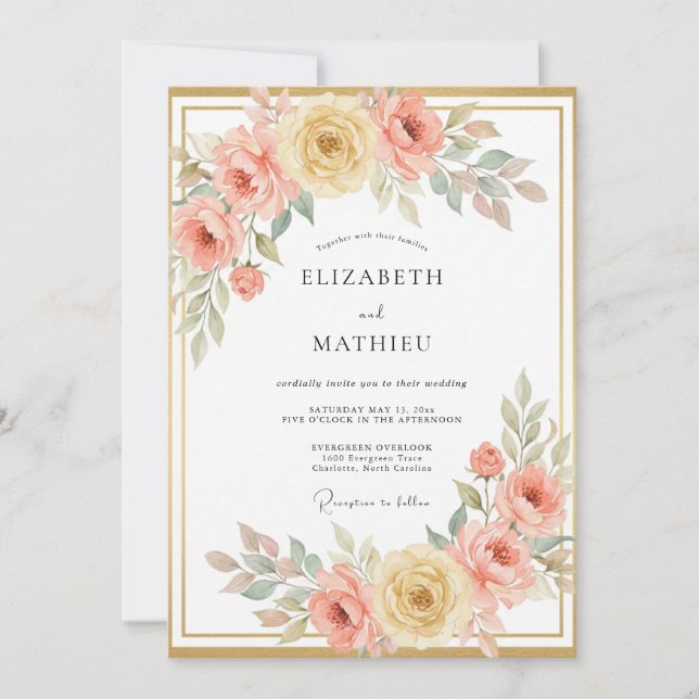 Peach Graceful Spring Botanical Wedding Invitation (Front)