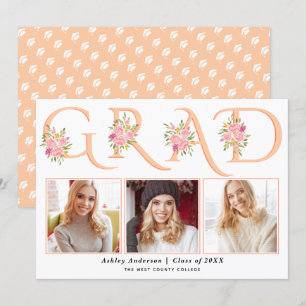 Peach GRAD typography pink roses photo graduation Announcement