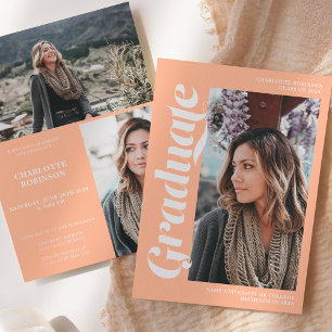 Peach graduate script 3 photo graduation invitation