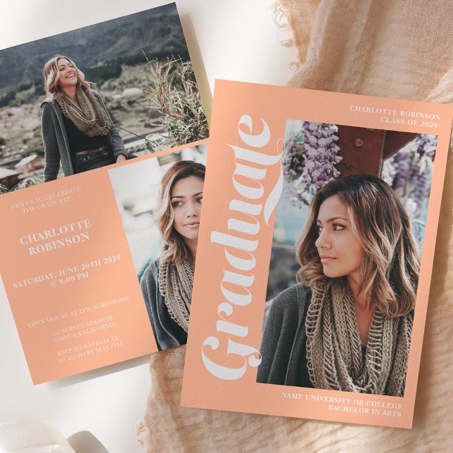 Peach graduate script 3 photo graduation invitation (Peach graduate script 3 photo graduation invitation)