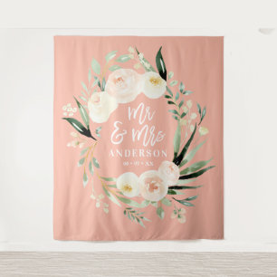 Peach + green Mr & Mrs watercolor floral wedding Tapestry
