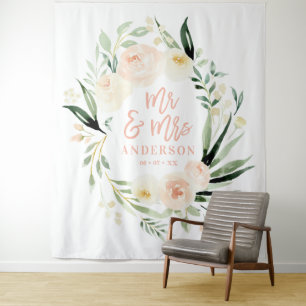 Peach + green Mr & Mrs watercolor floral wedding Tapestry