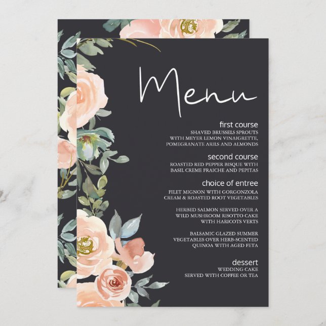 Peach Green Navy Pastel Floral Mariage Menu (Devant / Derrière)