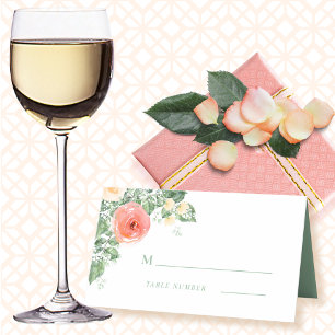 Peach Green Watercolor Floral Monogram Romantic Place Card