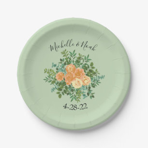 Peach Green Wedding Spring Pastel Floral Paper Plate