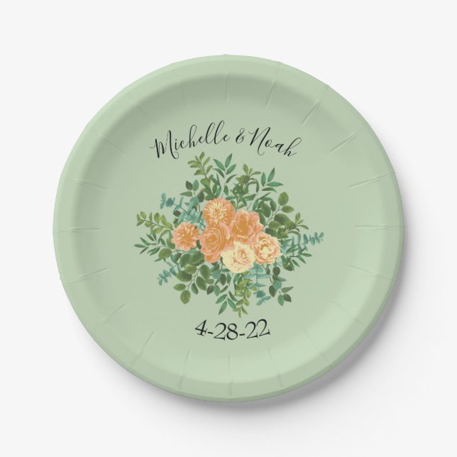 Peach Green Wedding Spring Pastel Floral Paper Plate (Front)