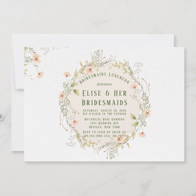 Peach Green Wildflowers Wreath Bridesmaids Lunch Invitation (Front)