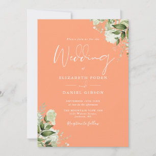 Peach Greenery Floral Monogram Wedding Invitation