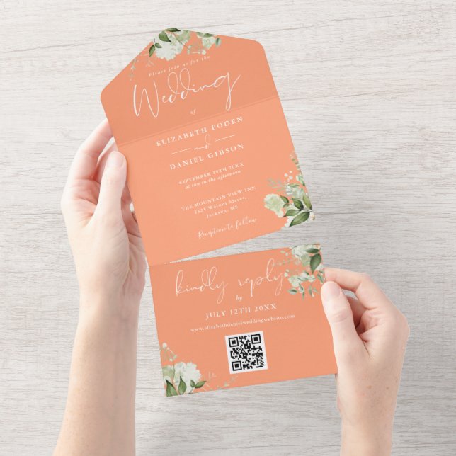 Peach Greenery Floral QR Code Monogram Wedding All In One Invitation (Tearaway)