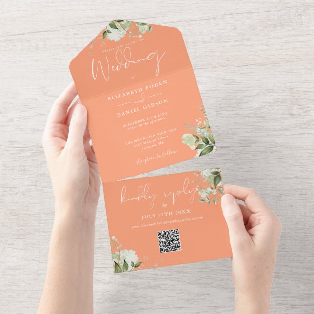 Peach Greenery Floral QR Code Monogram Wedding All In One Invitation (Tearaway)