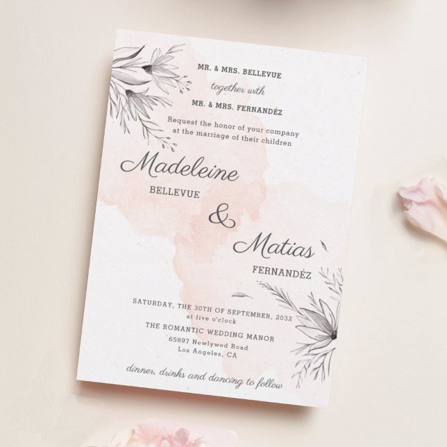 Peach & grey floral romantic elegant wedding  invitation (Creator Uploaded)