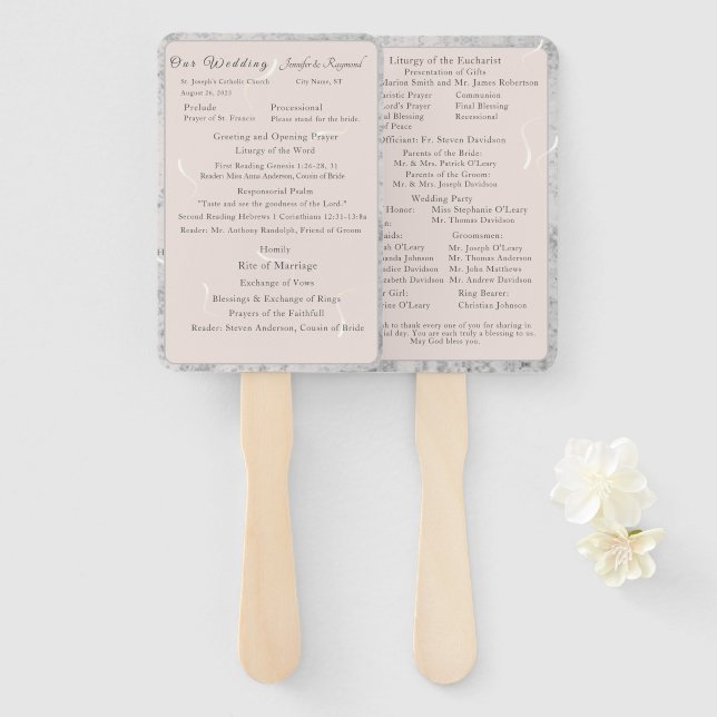 Peach& Grey Marble Nuptial Mass Program Hand Fan (Front and Back)