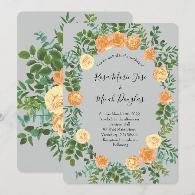 Peach & Grey Peony & Rose Floral Wedding Invitation (Front/Back)