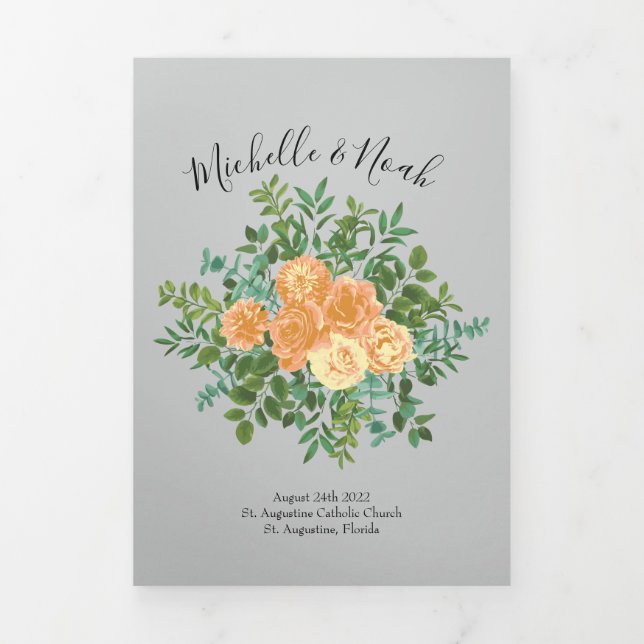 Peach & Grey Peony & Rose Floral Wedding Programme (Page de couverture)
