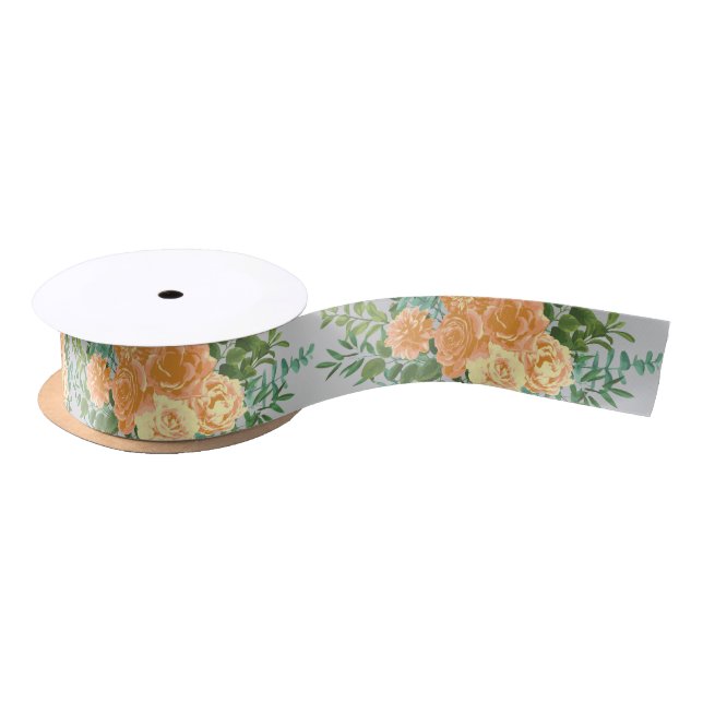 Peach & Grey Peony & Rose Floral Wedding Satin Ribbon (Spool)