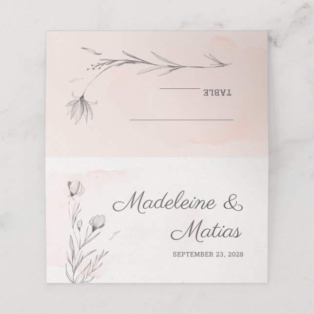 Peach & grey romantic wedding floral place card (Outside Unfolded)