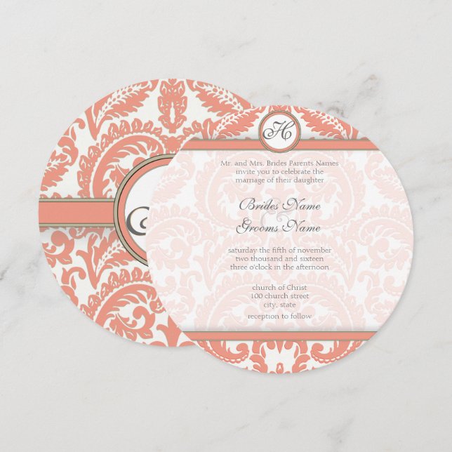 PEACH Grey Victorian Damask  Wedding Invitations (Front/Back)