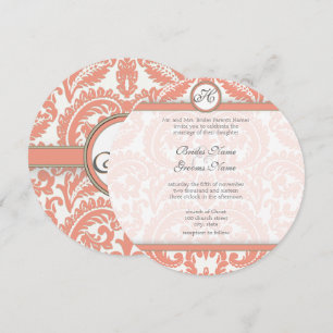 PEACH Grey Victorian Damask  Wedding Invitations