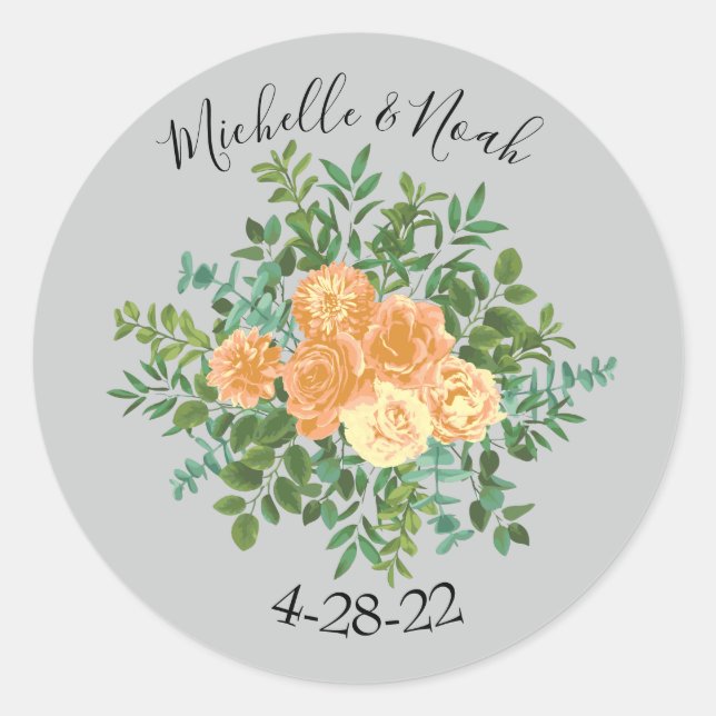 Peach Grey Wedding Spring Floral Classic Round Sticker (Front)