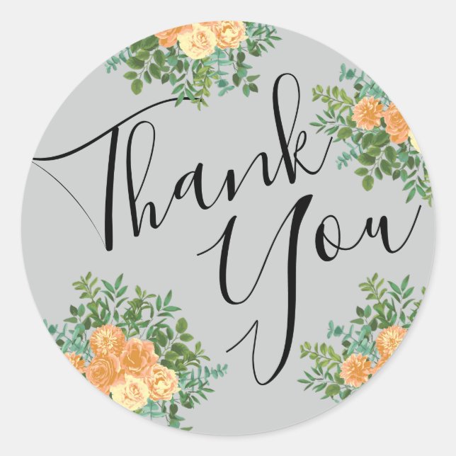 Peach Grey Wedding Spring Floral Classic Round Sticker (Front)