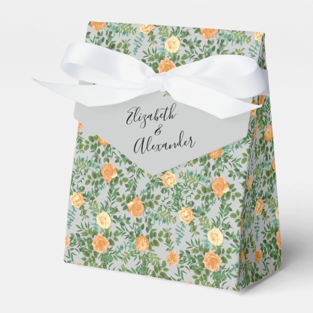 Peach Grey Wedding Spring Floral Favor Box (Front Side)