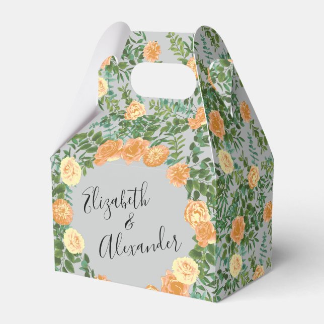 Peach Grey Wedding Spring Floral Favor Box (Front Side)