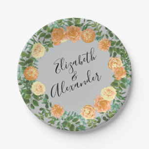 Peach Grey Wedding Spring Floral Paper Plate