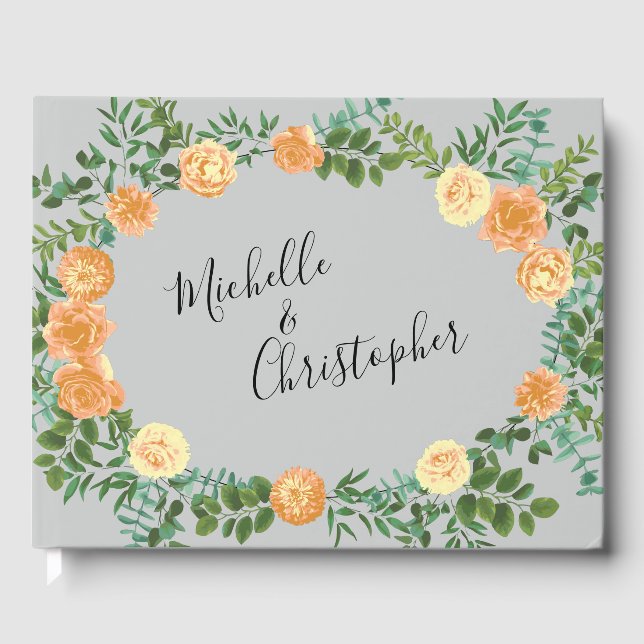 Peach Grey Wedding Vintage Floral Guest Book (Front)