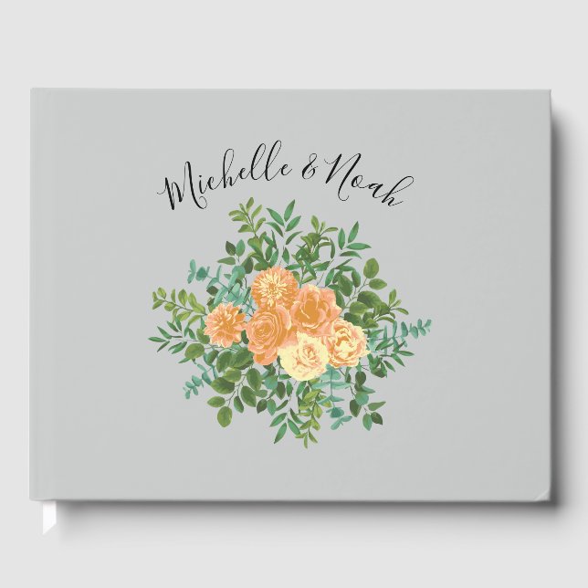 Peach Grey Wedding Vintage Floral Guest Book (Front)