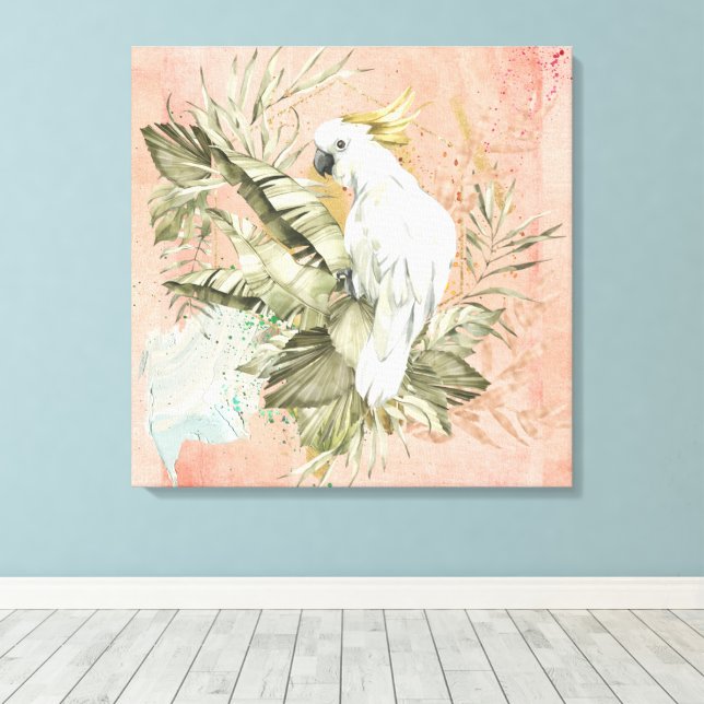 Peach Grunge Boho Floral Bird Canvas Print (Insitu(Wood Floor))