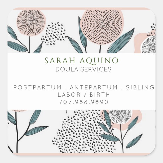 Peach Hand Drawn Floral Promotional Doula Business Square Sticker (Front)