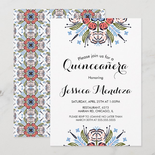  Peach Hand Drawn Floral Quinceañera Sweet 16  Invitation (Front/Back)