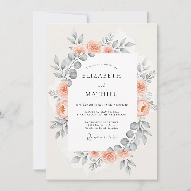 Peach Harmonious Botanical Wedding Invitation (Front)