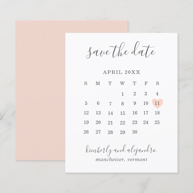Peach Heart Calender Budget Wedding Save the Date (Front/Back)