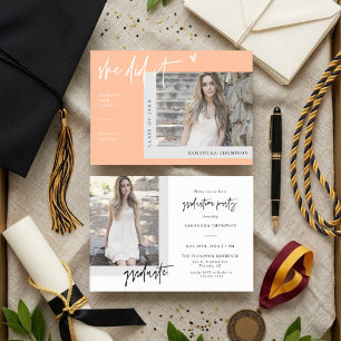 Peach Heart Photo She Did It Graduation Invitation