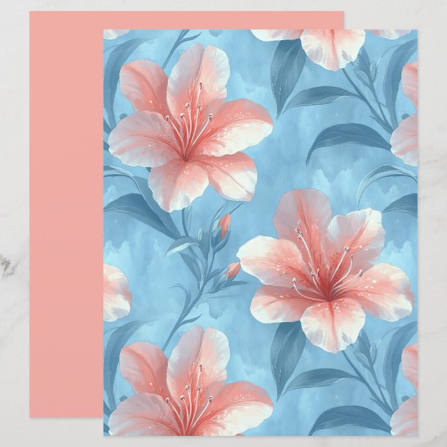 Peach Hibiscus Floral Scrapbook Paper (Front/Back)