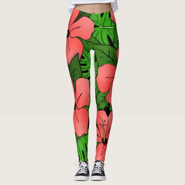 Peach Hibiscus & Monstera Leggings (Front)