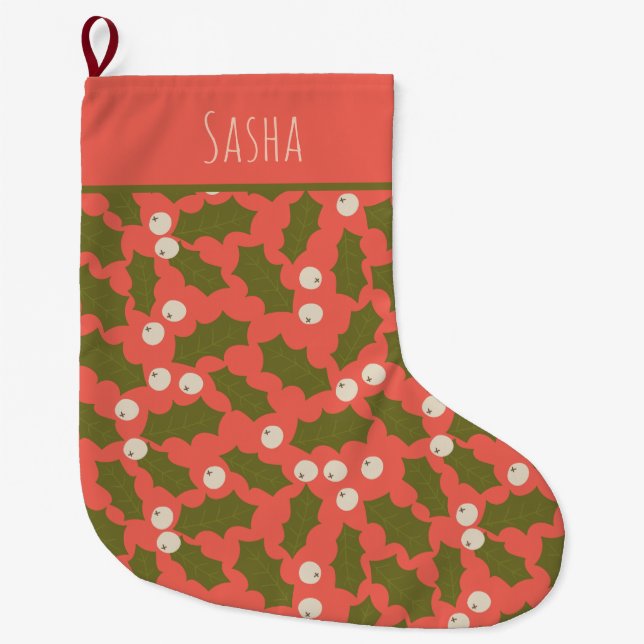 Peach Holly Personalized Christmas  Large Christmas Stocking (Front)