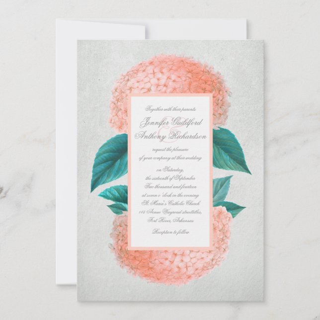 Peach hydrangea vintage wedding invitations (Front)