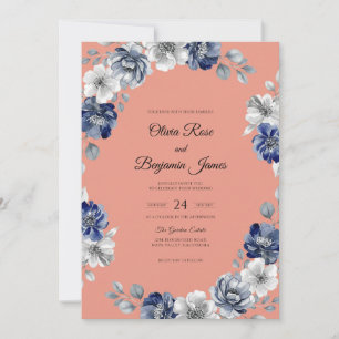 Peach Indigo Poppy Wedding Invitation