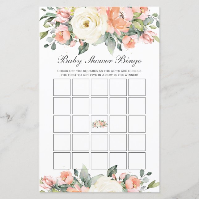 Peach Ivory Floral Baby Shower Bingo Party Game (Front)