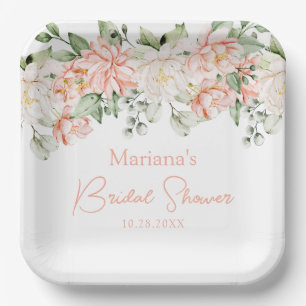 Peach Ivory Floral Bridal Shower Paper Plate